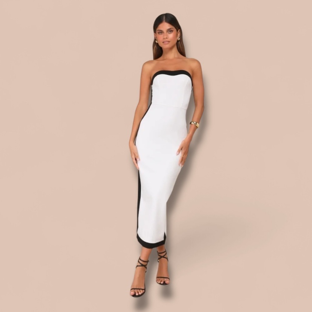 Impressive Edge White Color Block Strapless Midi … - image 1